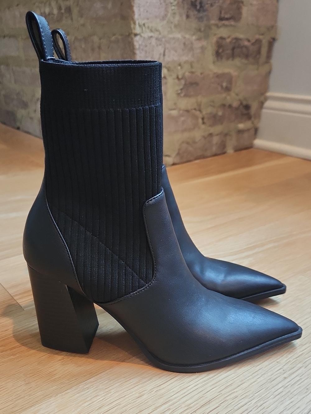 Open Edit Women's Black Pointed Sock Heel Boot - Sleek Block Heel